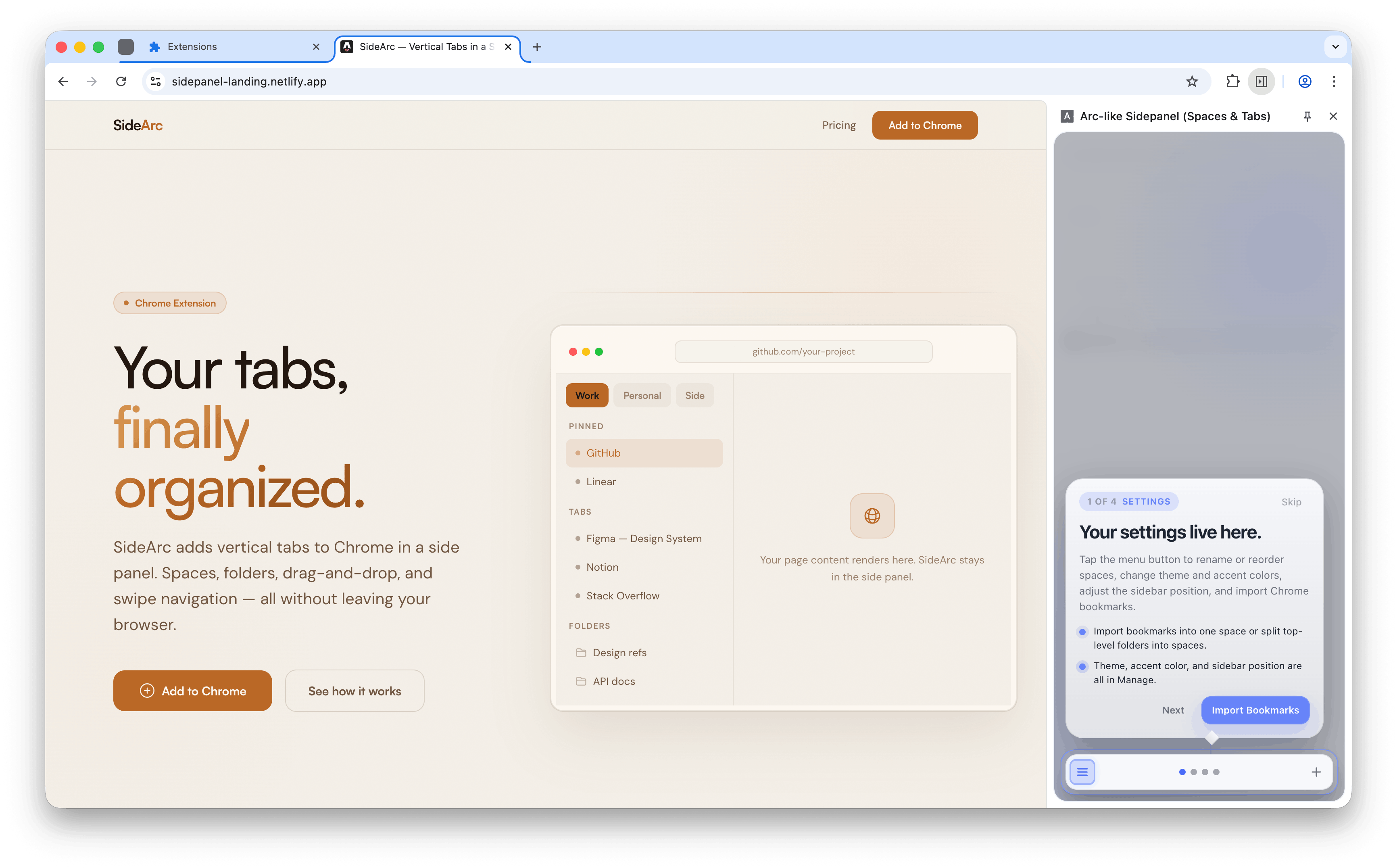 SideArc landing page next to the Chrome side panel