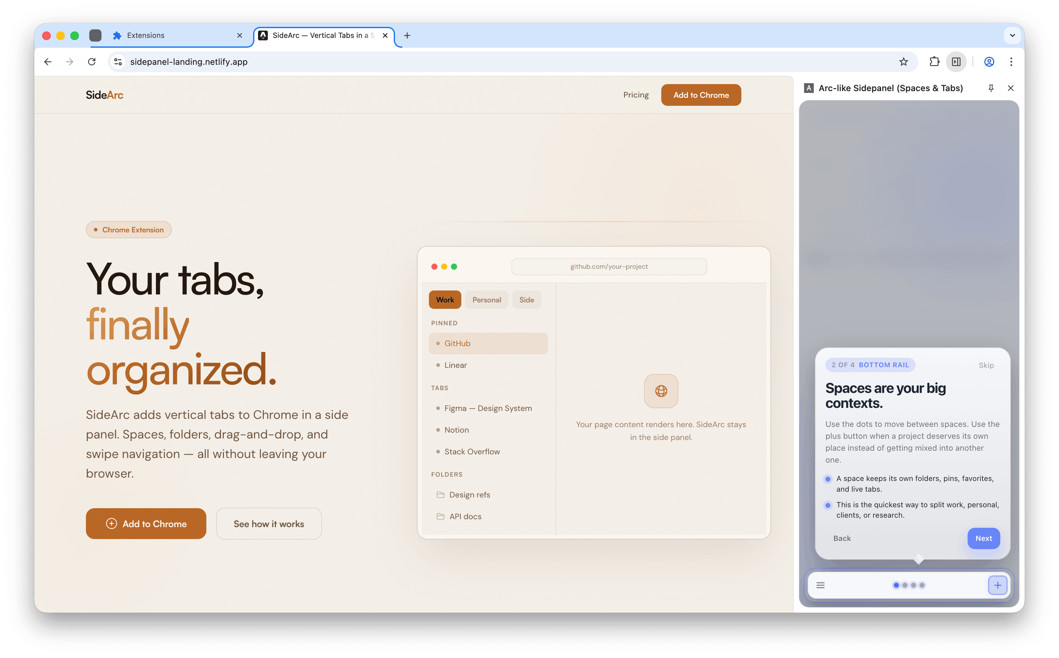 SideArc onboarding for spaces in the side panel