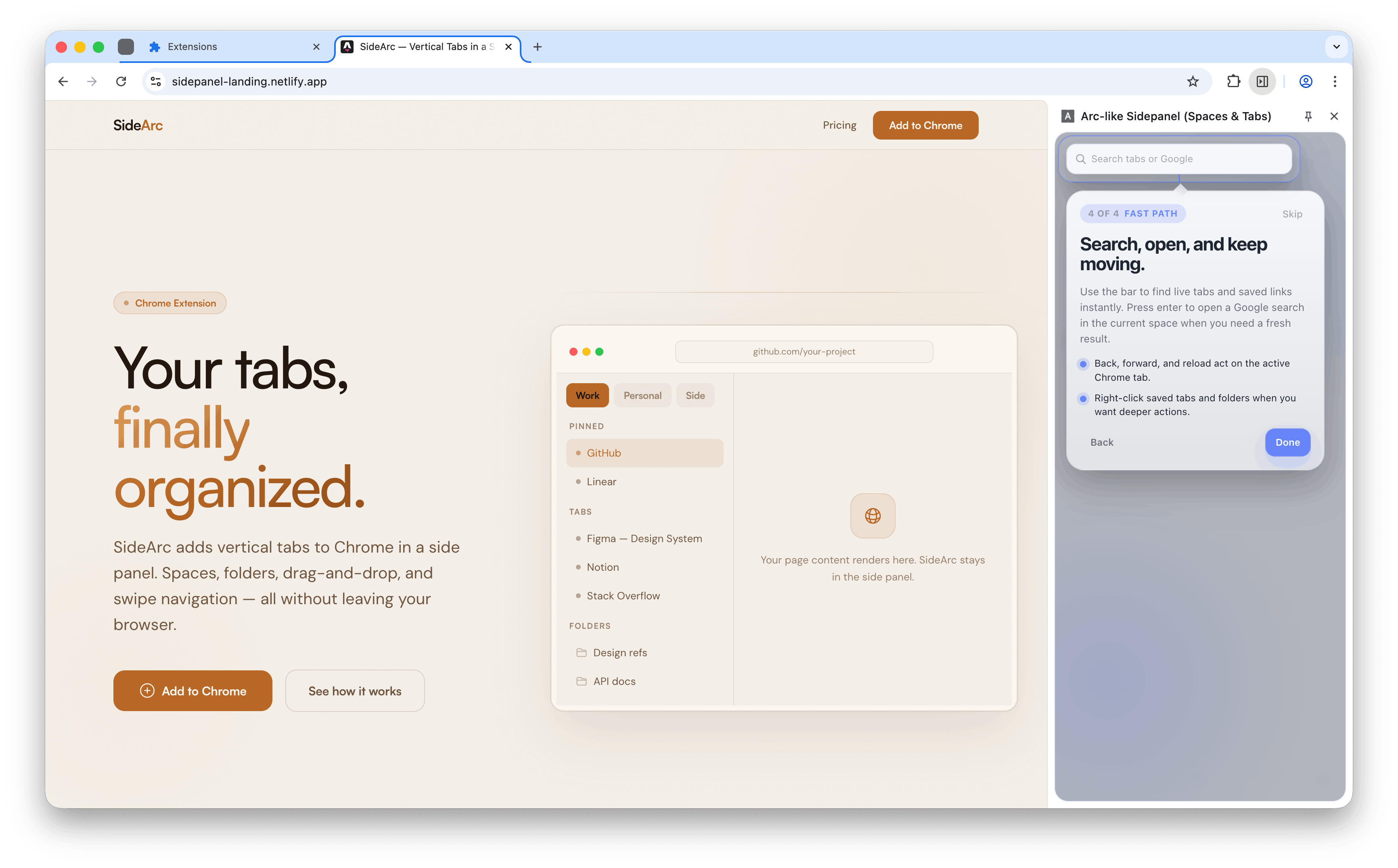 SideArc vertical tabs and side panel in Chrome