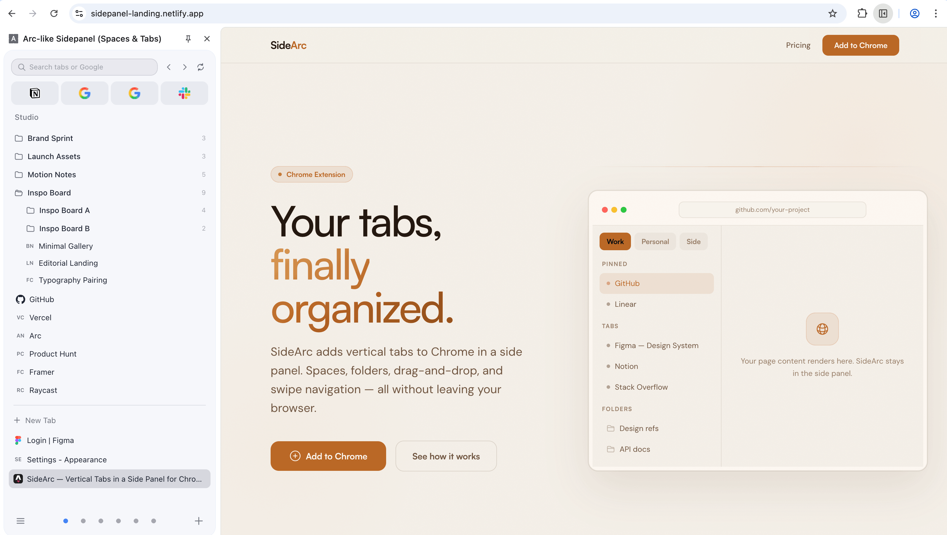 SideArc sidebar with multiple spaces and active tabs — a simpler workspace alternative