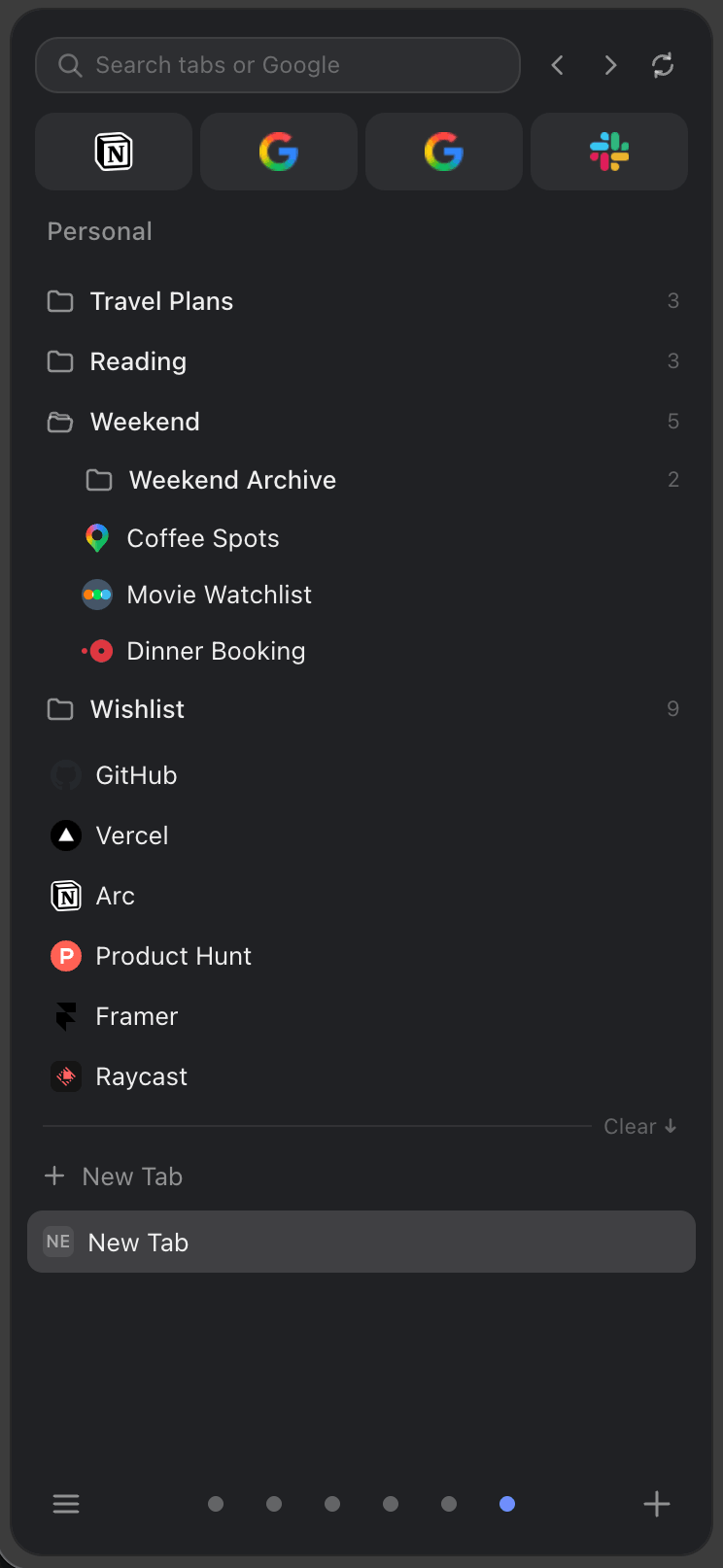 SideArc dark theme sidebar with folders and saved tabs