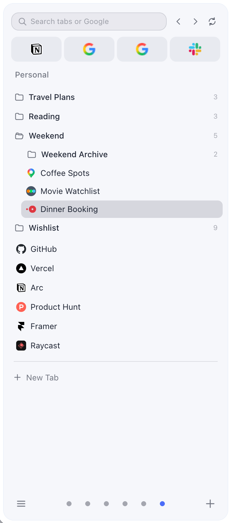 SideArc light theme sidebar organizing tabs into Work, Research, and Personal spaces
