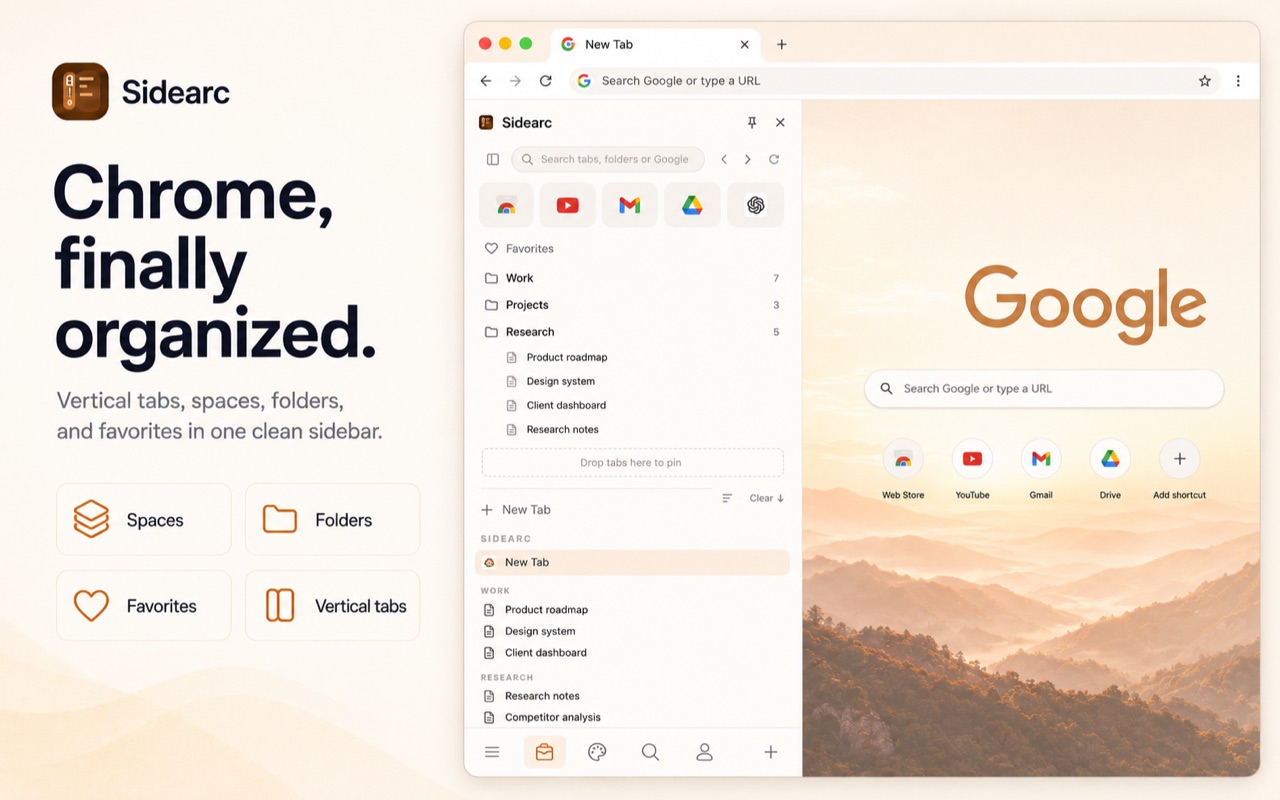 SideArc side panel with spaces, tabs, and saved folders