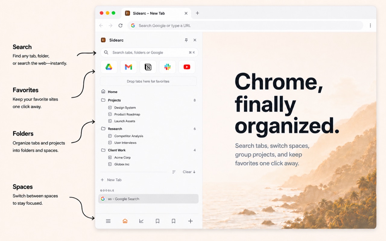 SideArc managing Chrome tabs by space in a side panel