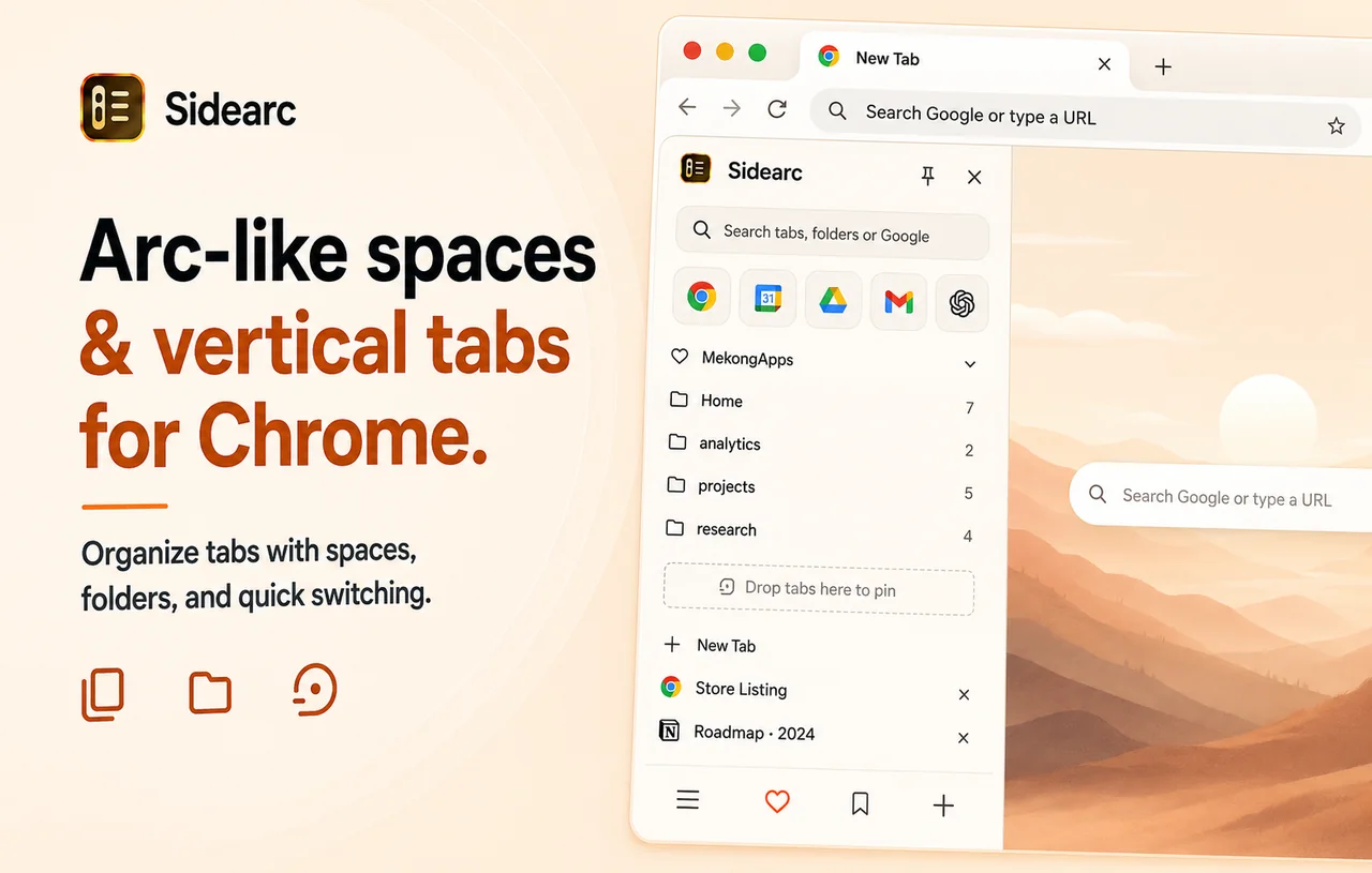 SideArc showing spaces and vertical tabs for Chrome