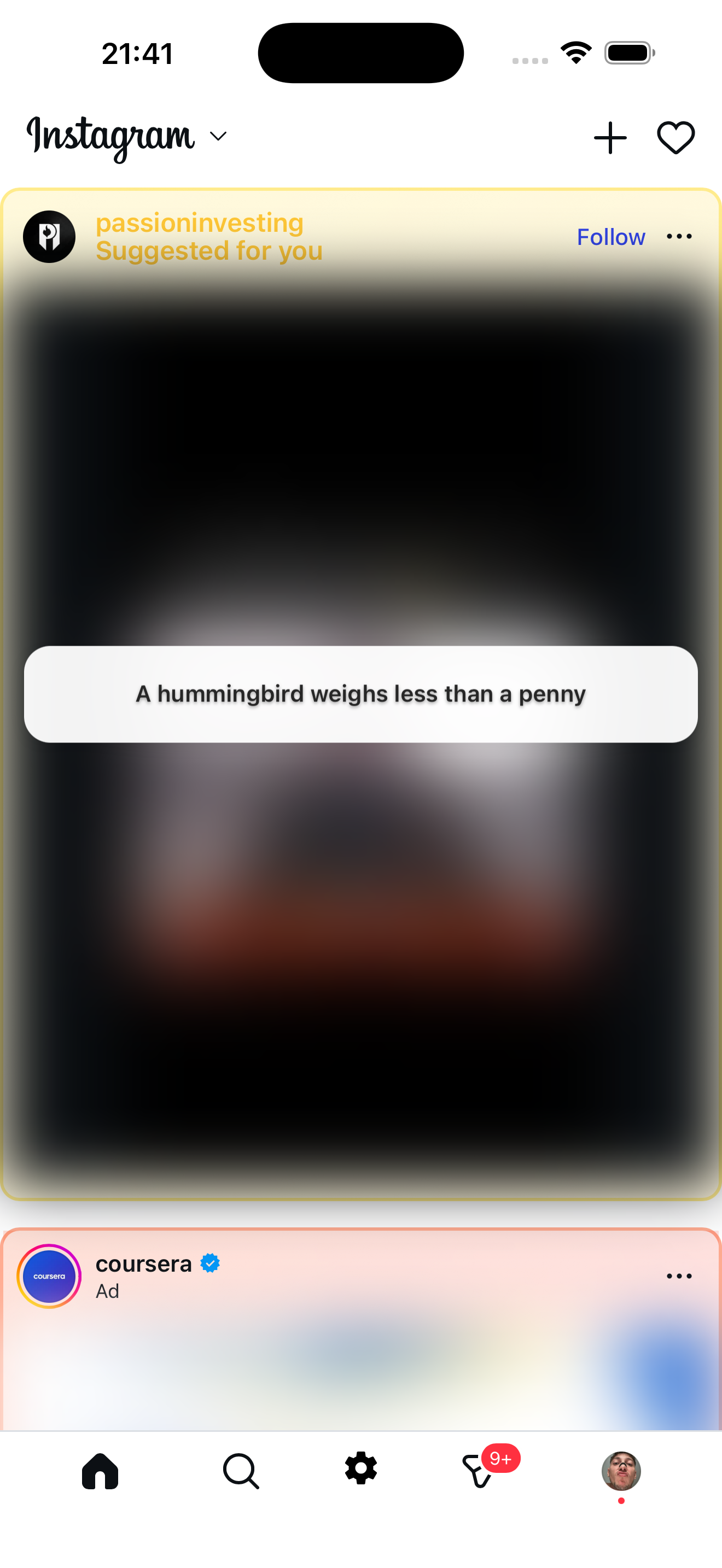 Instagram feed inside Zen Social with suggested posts blurred and replaced with fun facts