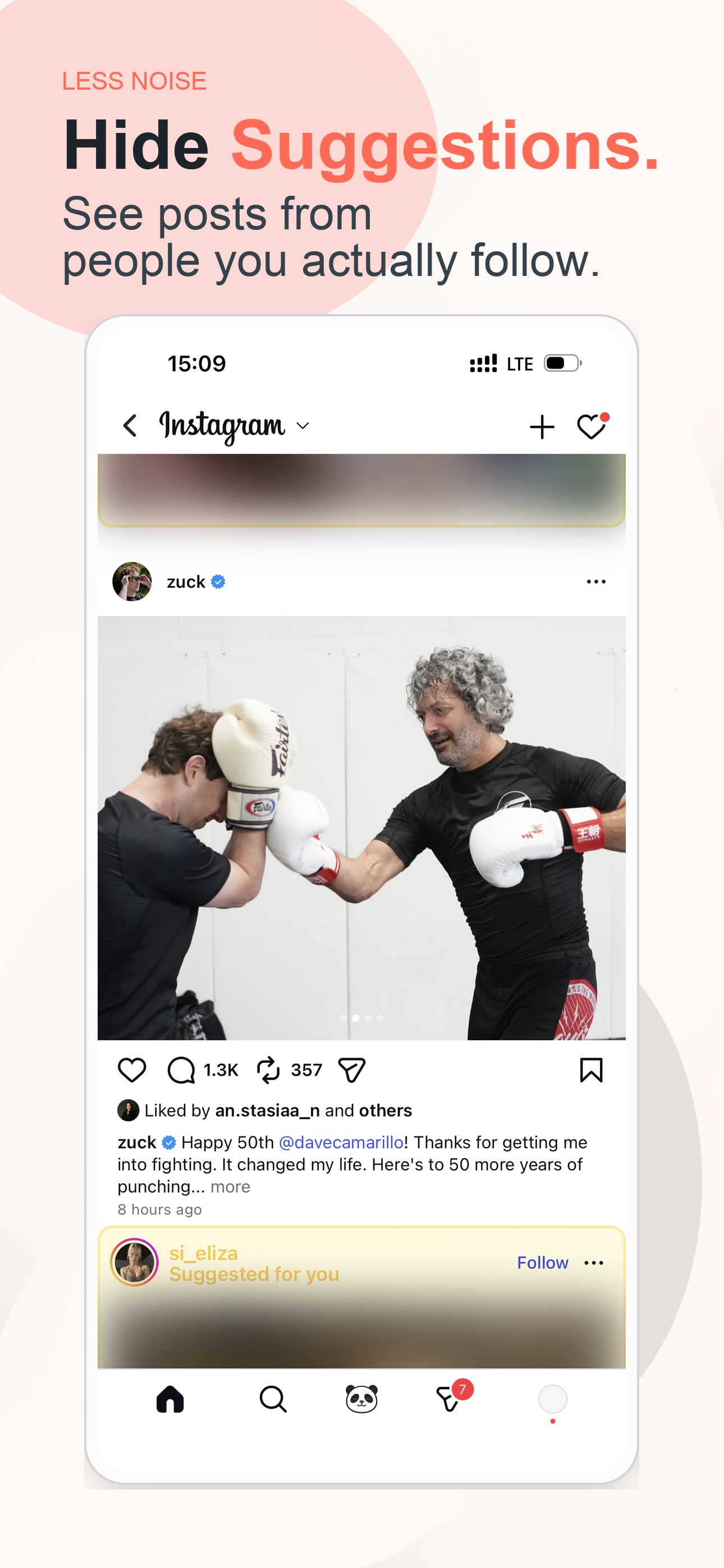 Zen Social screenshot showing suggested posts hidden from the feed