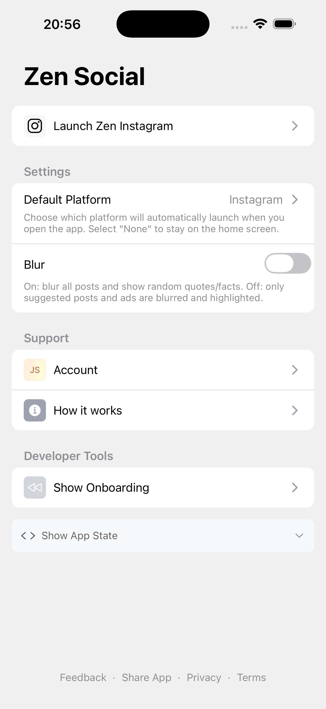 Zen Social settings screen showing customization options